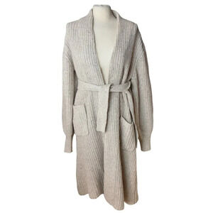 The Sweater Co. Long Knit Belted Cardigan Coat Jacket Cream Silk Wool Mohair S